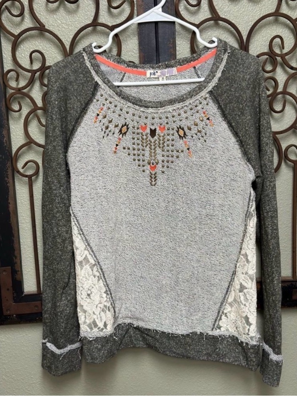 Jolt long sleeve top with lace & studed detail